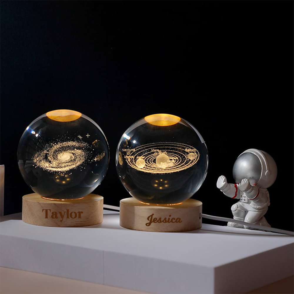 Personalized Engraved 3D Crystal Ball Night Light With Wood Base | JNSDec75