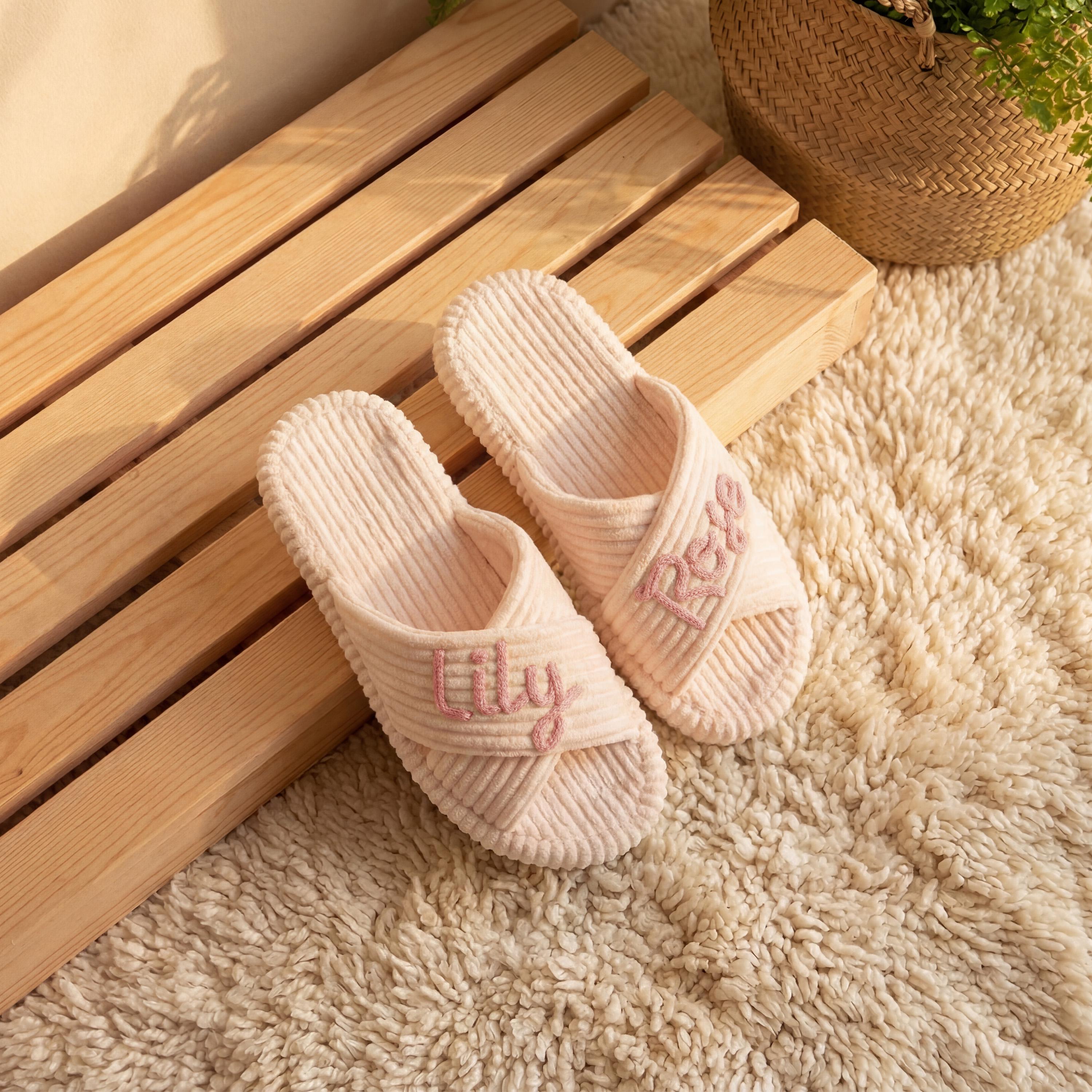 Personalized Name Hand Embroidered Corduroy Indoor Slipper for Unique & Love | JNSDec214