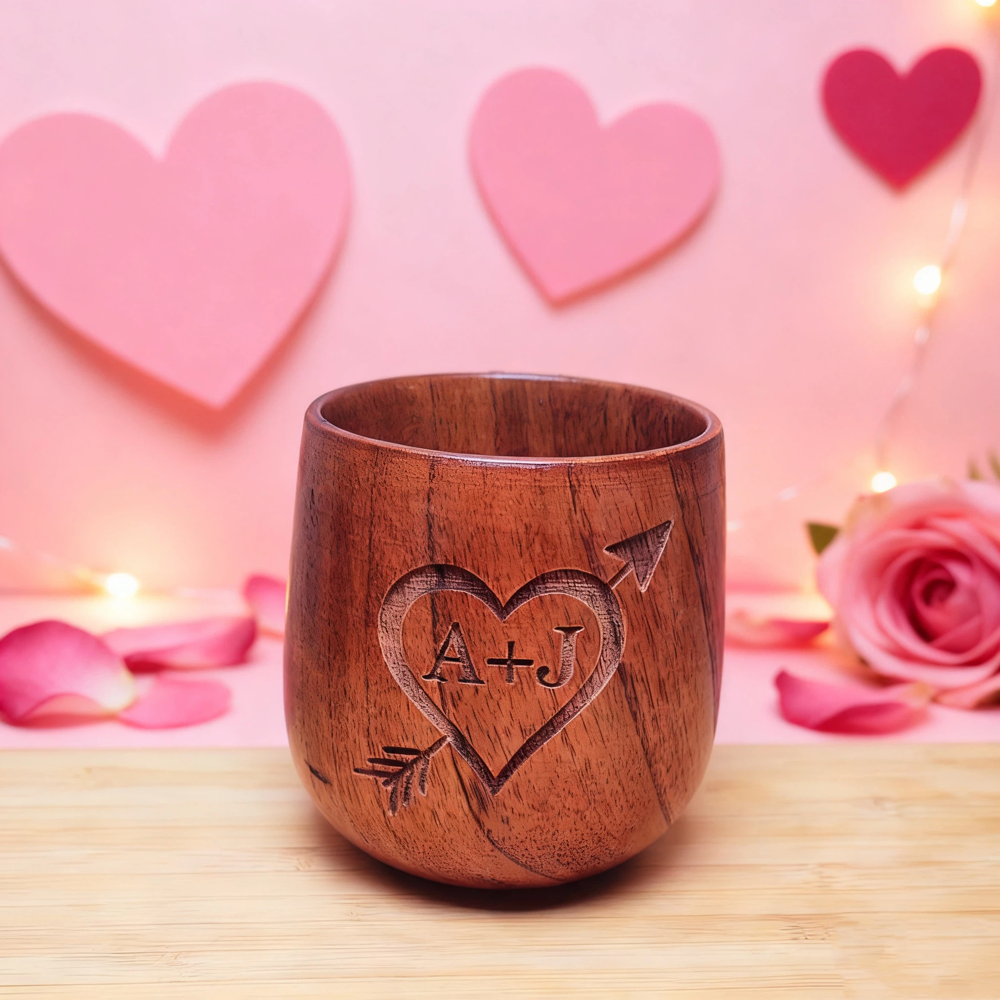 Personalized Valentine's Day Couple Initials Heart Arrow Engraved Wood Cup | JNSBottle05