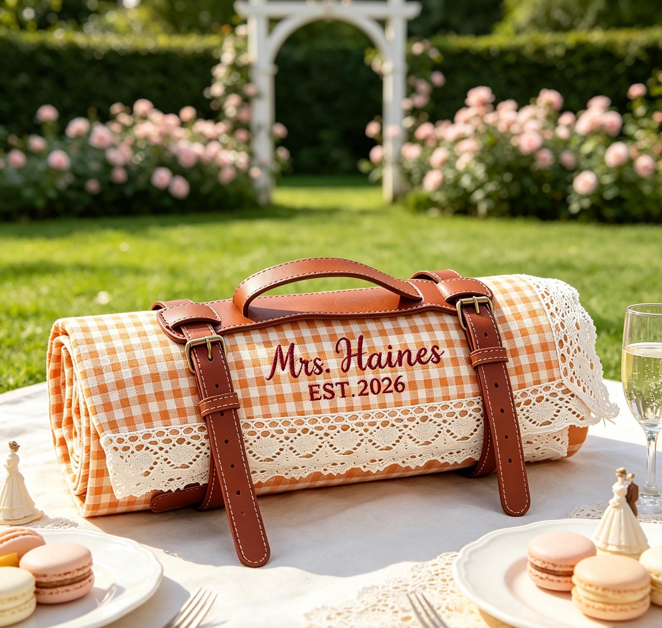 Personalized Name Embroidered Lace Gingham Picnic Blanket for Unique and Love | JNSDec226