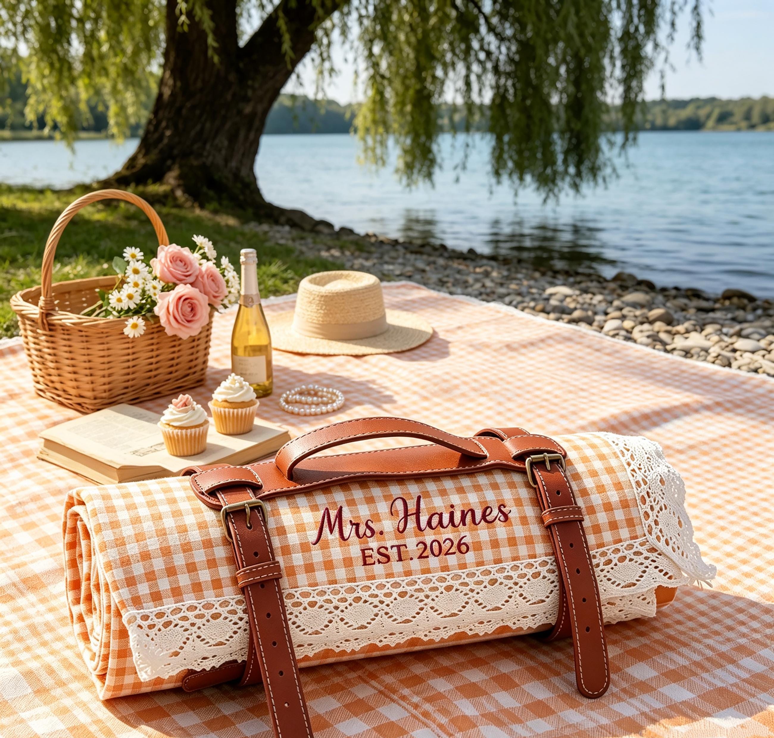Personalized Name Embroidered Lace Gingham Picnic Blanket for Unique and Love | JNSDec226