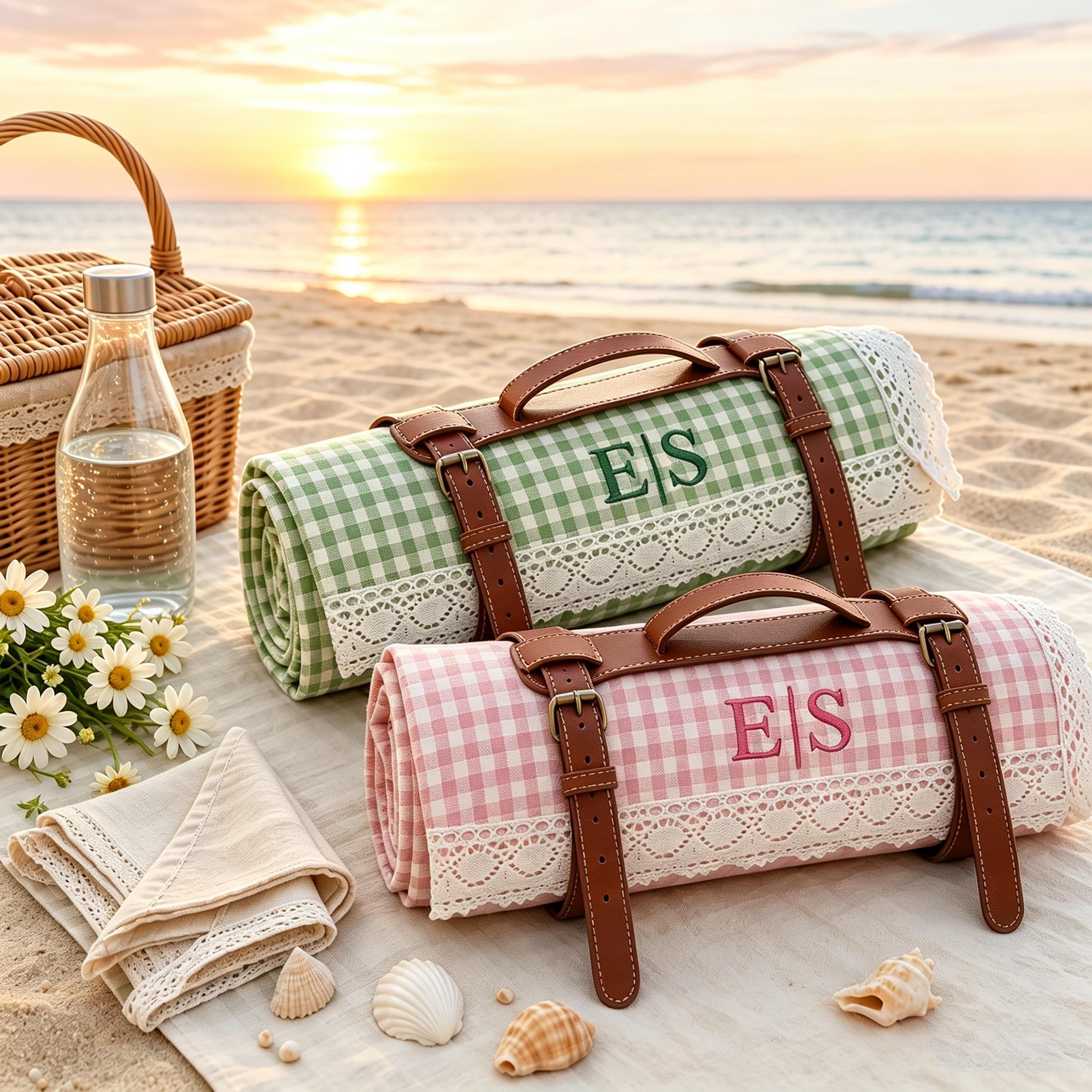 Personalized Name Embroidered Lace Gingham Picnic Blanket for Unique and Love | JNSDec226