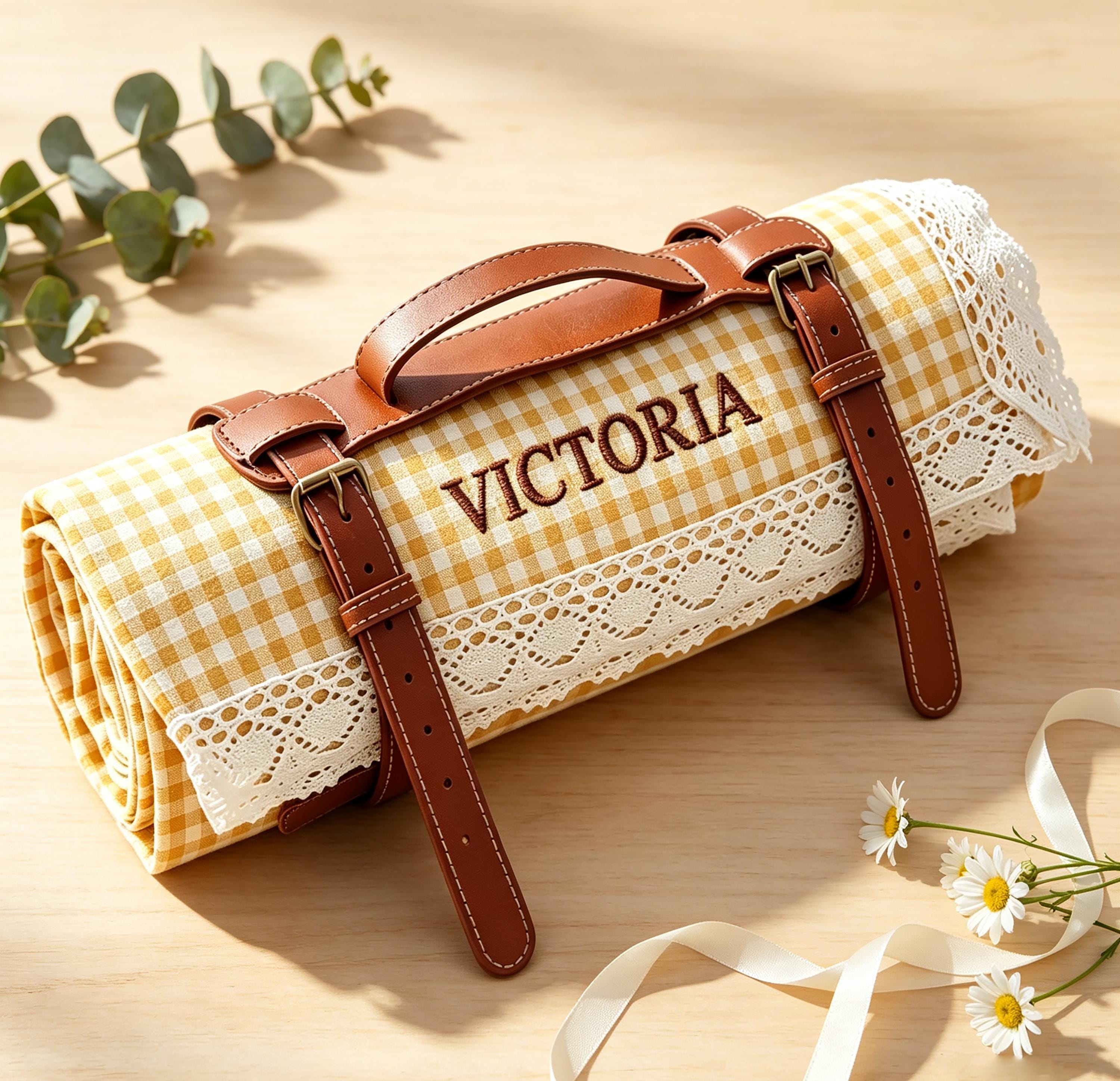Personalized Name Embroidered Lace Gingham Picnic Blanket for Unique and Love | JNSDec226