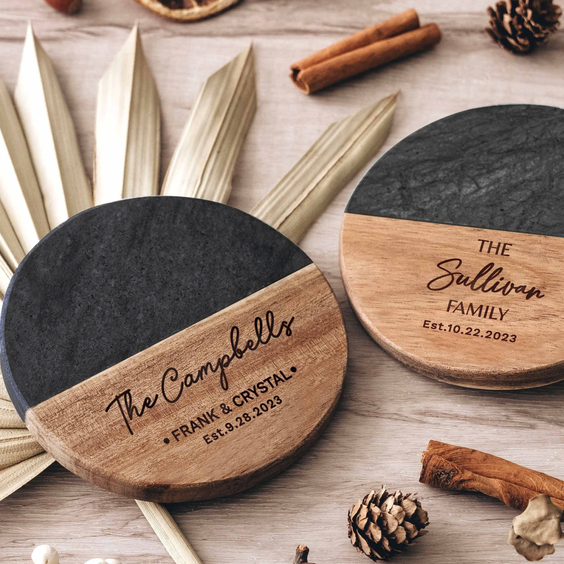 Personalized Wedding Engraved Marble Wood Coasters  for Unique & Love | JNSDec04