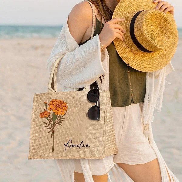 Personalized Birth Flower Beach Jute Tote Bag with Name for Unique & Love | JNSBag26
