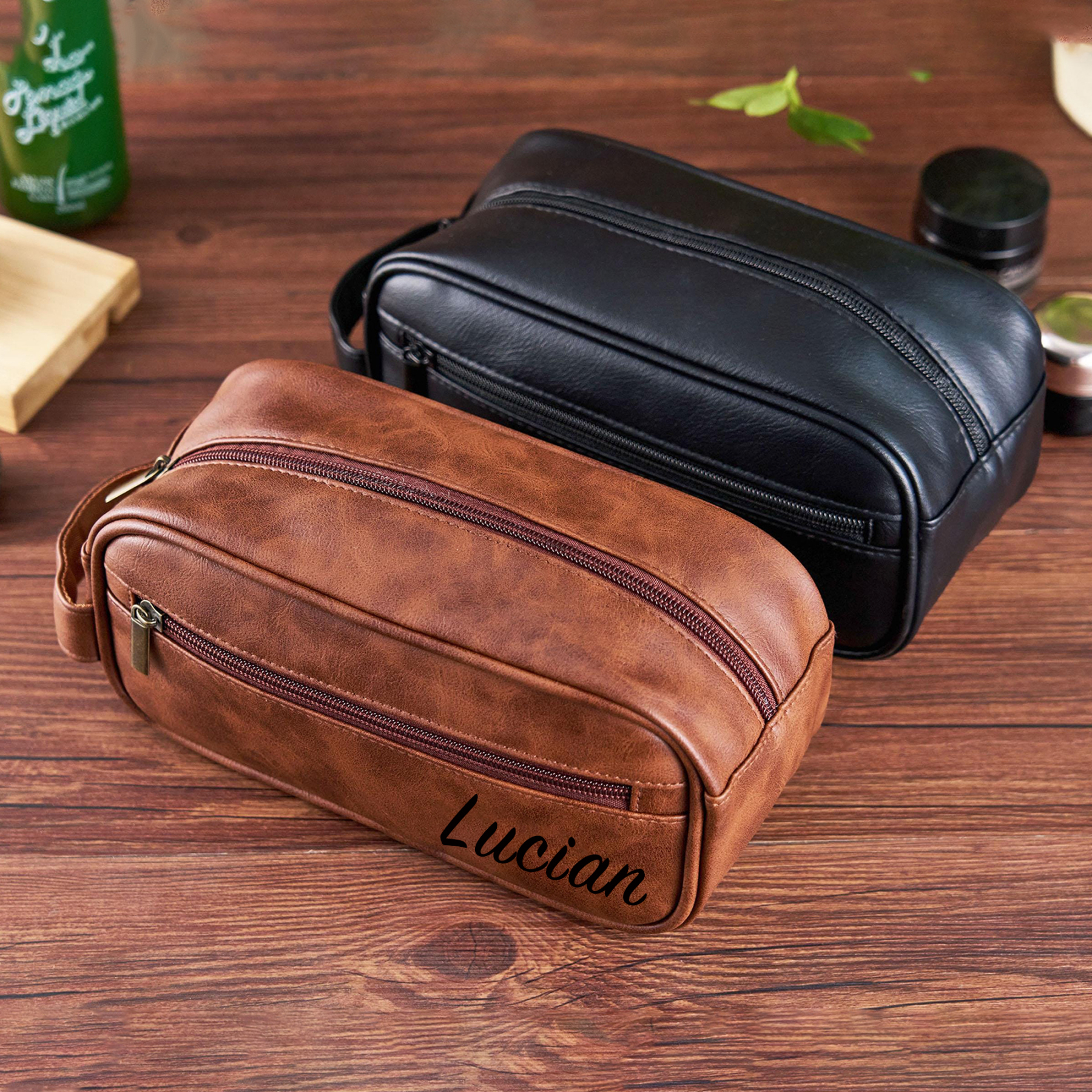 Personalized Leather Monogram Engraved Toiletry Bag for Unique & Love | JNSBag71