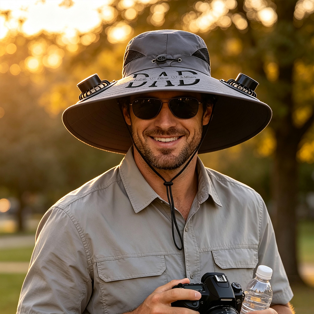 Personalized Embroidered Men's Wide Brim Hat With Solar Fan for Unique & Love | JNSHat18