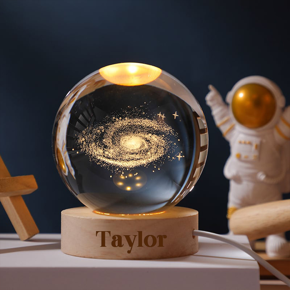 Personalized Engraved 3D Crystal Ball Night Light With Wood Base | JNSDec75