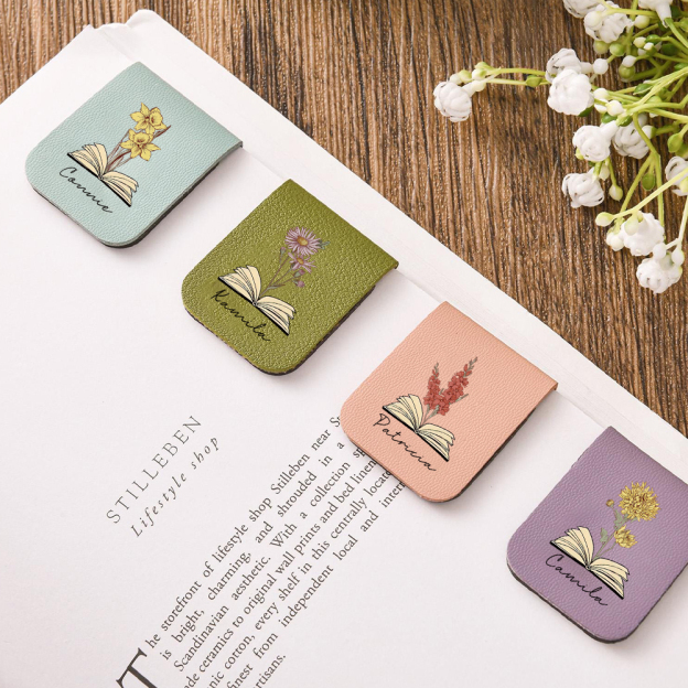 Personalized Leather Birth Flower Magnetic Bookmark | JNSDec120