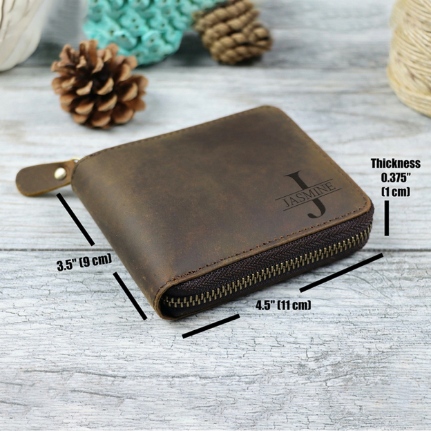 Personalized Monogram Engraving Zipper Genuine Leather Wallet | JNSBag82