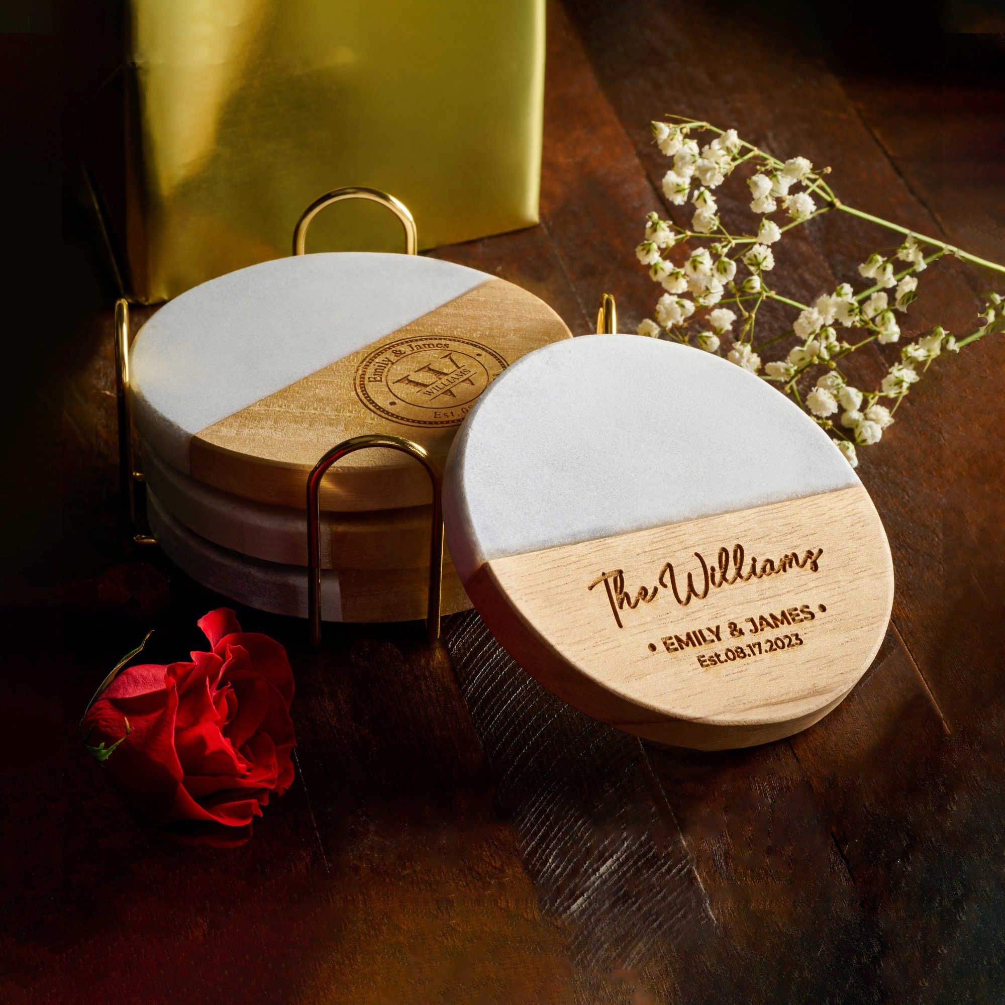 Personalized Engraved Marble Wood Coasters for Unique & Love | JNSDec04