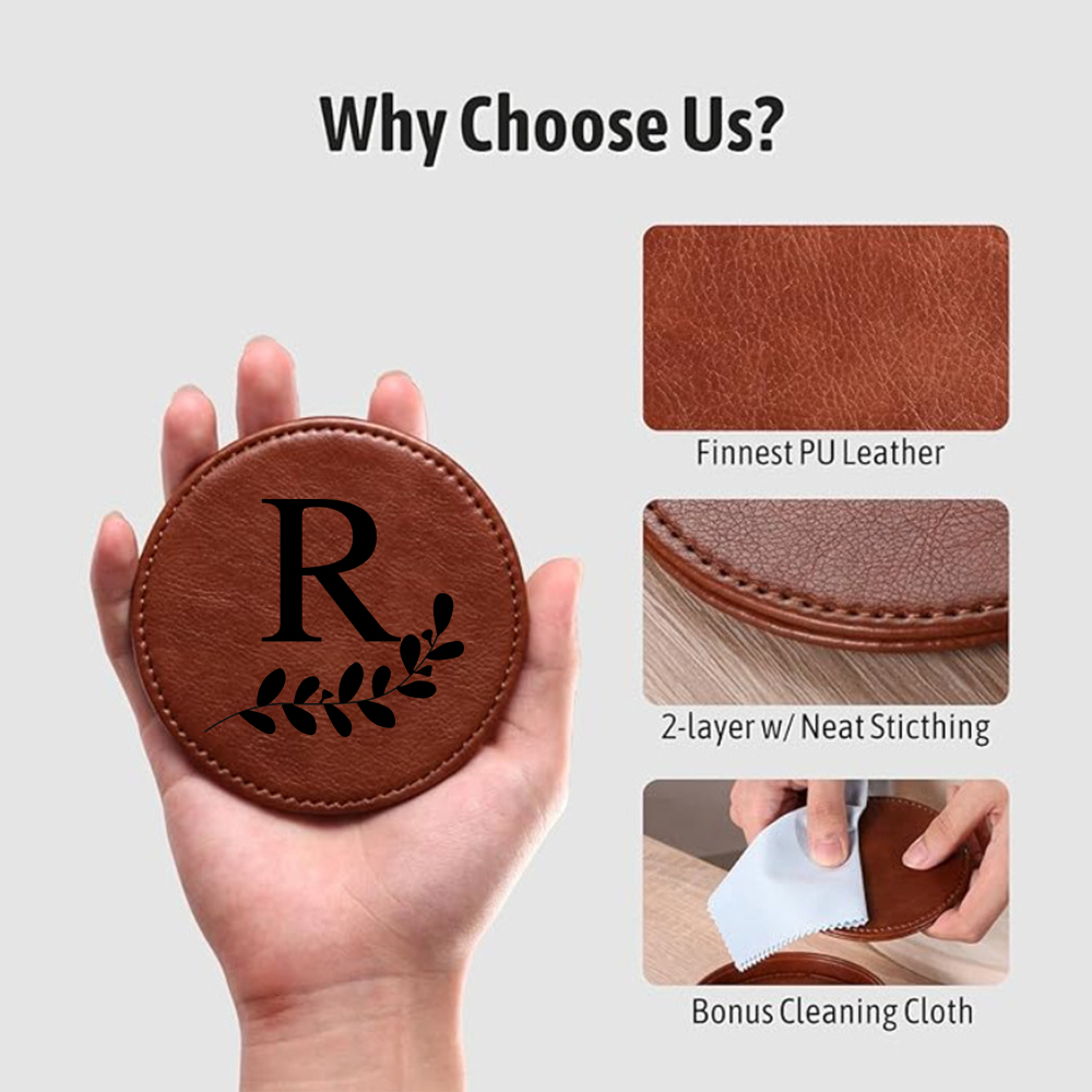 Personalized Leather Coasters Set with Holder | JNSDec106