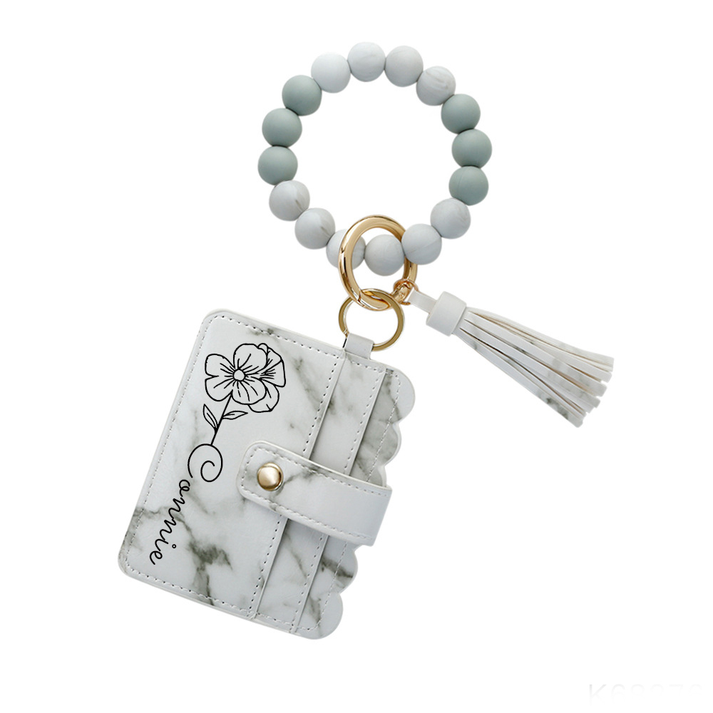 Personalized Birth Flower Keychain Leather Wallet with Beaded Bracelet for Unique & Love | JNSBag89