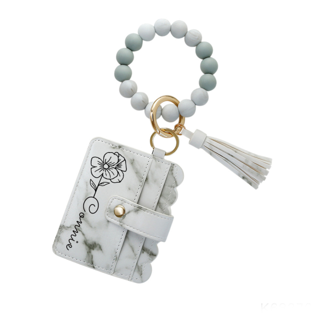 Personalized Birth Flower Keychain Leather Wallet with Beaded Bracelet for Unique & Love | JNSBag89