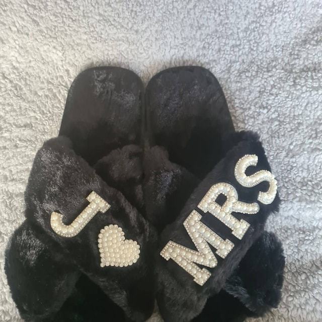 Personalized Bride Gift Pearls Rhinestone Fluffy Slippers for Unique & Love | JNSCloth10