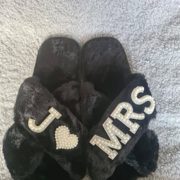 Personalized Bride Gift Pearls Rhinestone Fluffy Slippers for Unique & Love | JNSCloth10