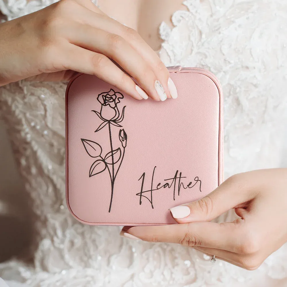 Personalized Leather Birth Flower Travel Jewelry Box for Unique & Love | JNSBag11
