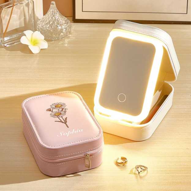 Personalized Birth Flower Leather Travel Jewelry Box with LED Makeup Mirror | JNSBag76