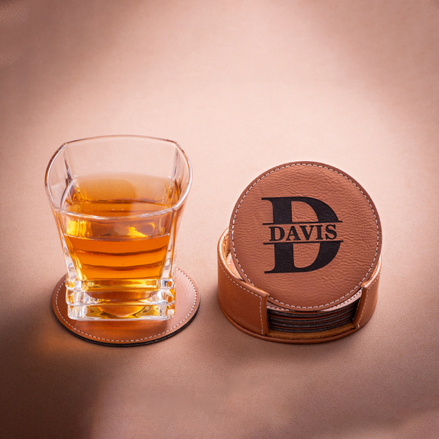 Personalized Leather Coasters Set with Holder | JNSDec106