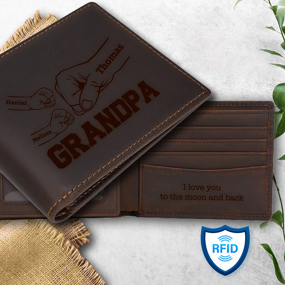 Personalized Fist Bump Dad Kids Name Leather Wallet for Unique & Love | JNSBag91