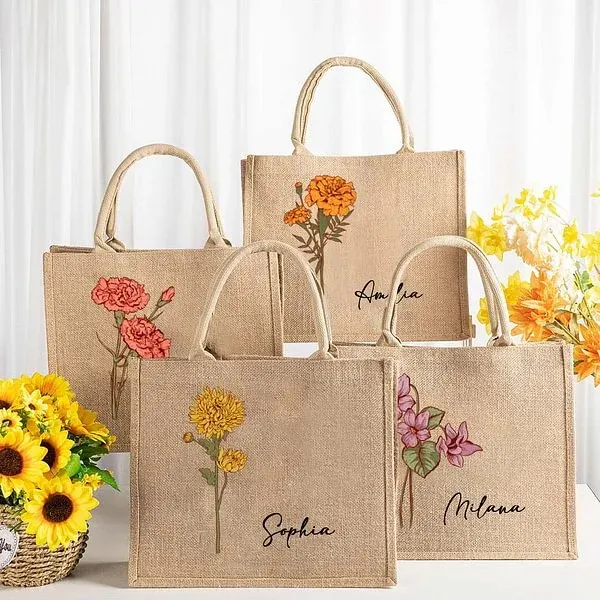 Personalized Birth Flower Beach Jute Tote Bag with Name for Unique & L