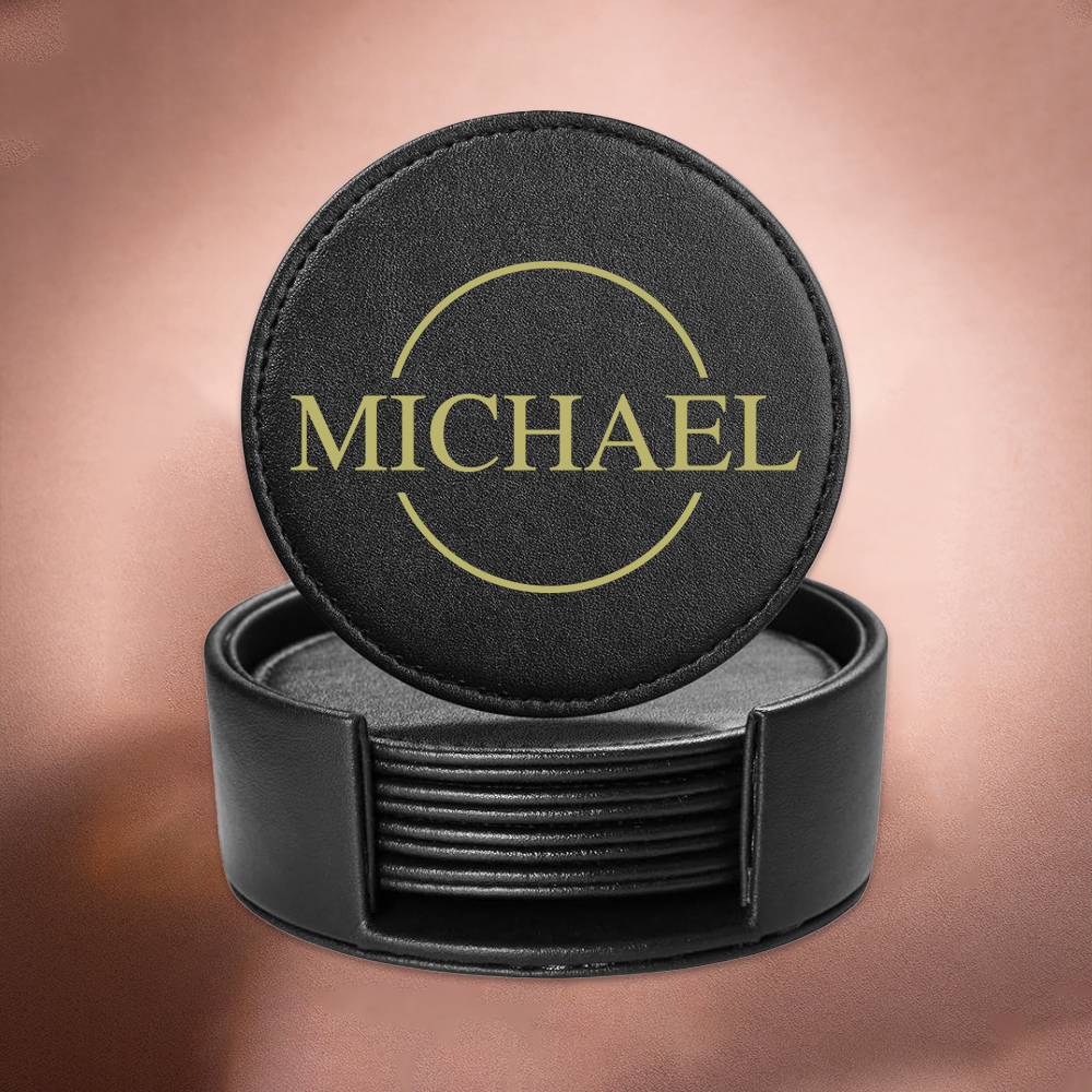 Personalized Leather Coasters Set with Holder | JNSDec106