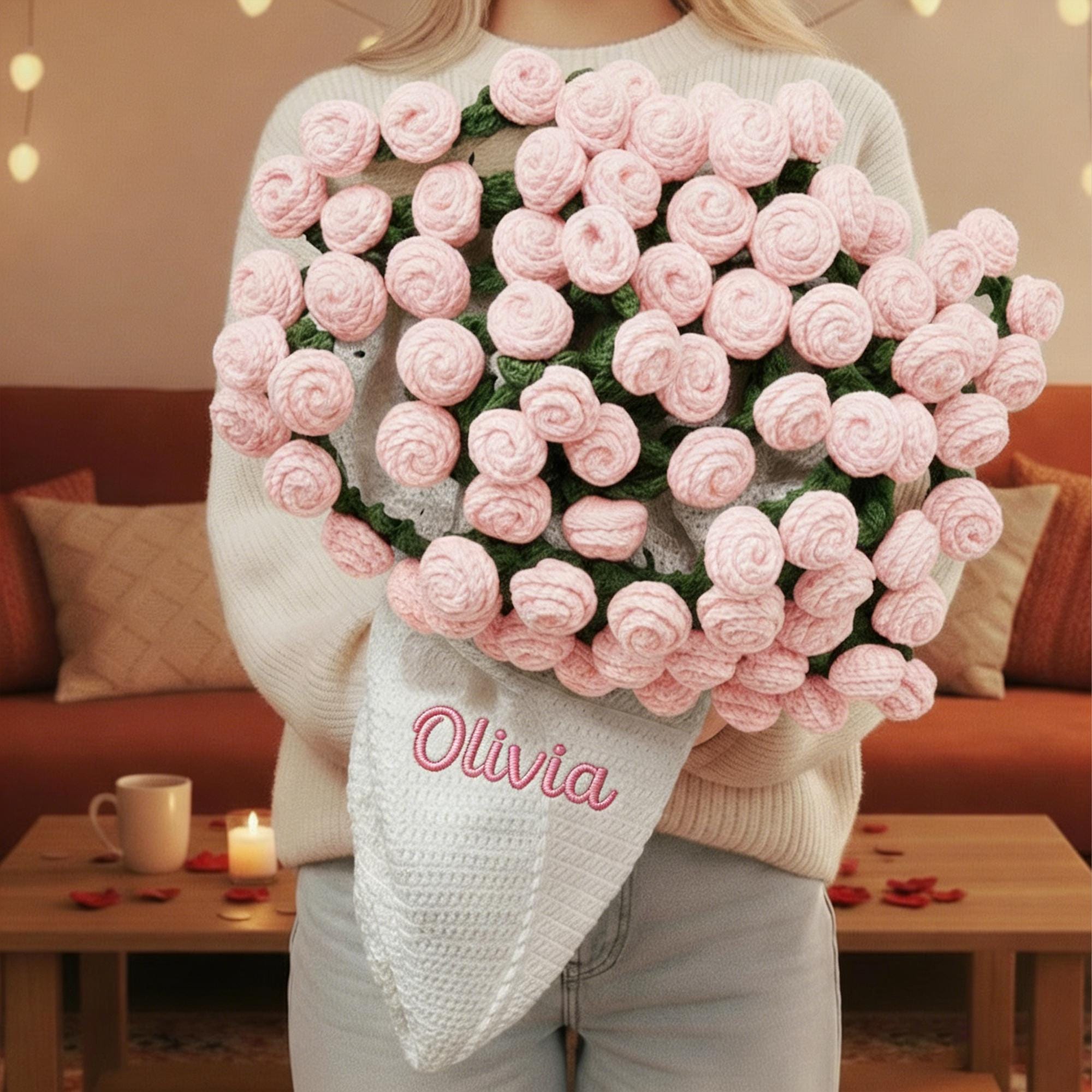 Personalized Embroidered Crochet Rose Bouquet Blanket For Unique & Love | JNSDec201