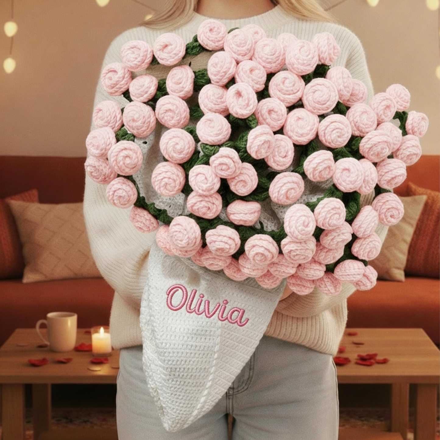 Personalized Embroidered Crochet Rose Bouquet Blanket For Unique & Love | JNSDec201