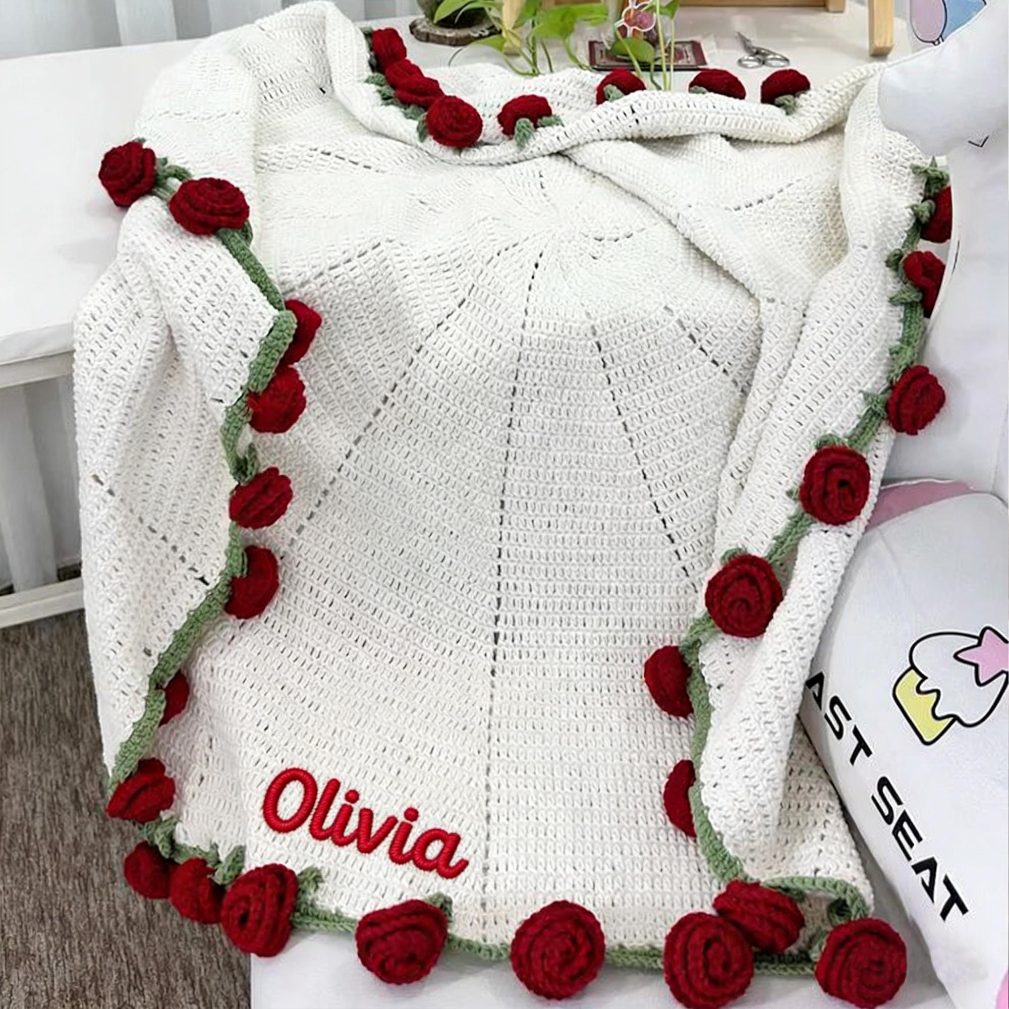 Personalized Embroidered Crochet Rose Bouquet Blanket For Unique & Love | JNSDec201