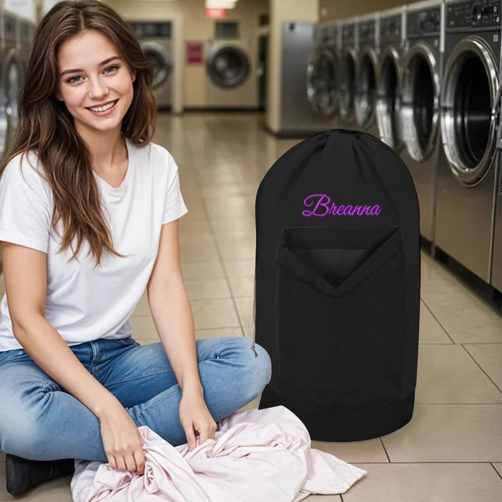 Personalized Name Embroidered Travel Laundry Bag with Shoulder Strap & Mesh Pocket | JNSBag99