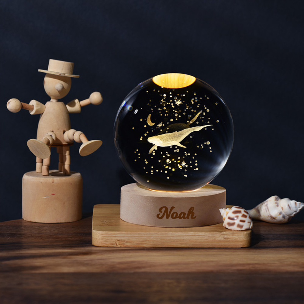 Personalized Engraved 3D Crystal Ball Night Light With Wood Base | JNSDec75