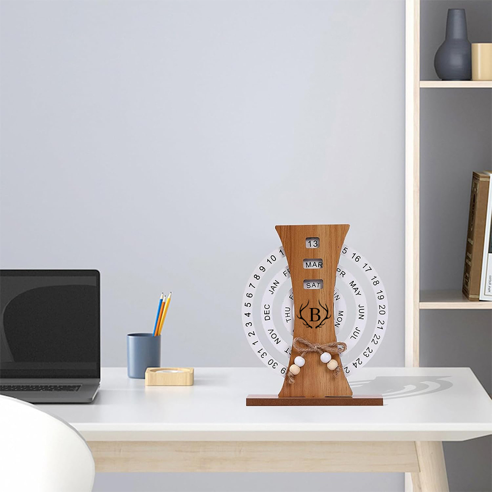 Personalized Monogram Disc Perpetual Wooden Desk Calendar | JNSDec103