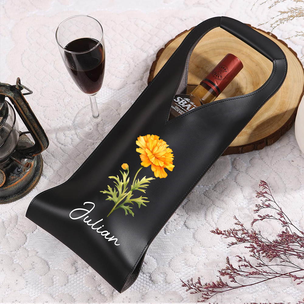 Personalized Leather Birth Flower Wine Tote Bag | JNSBag63