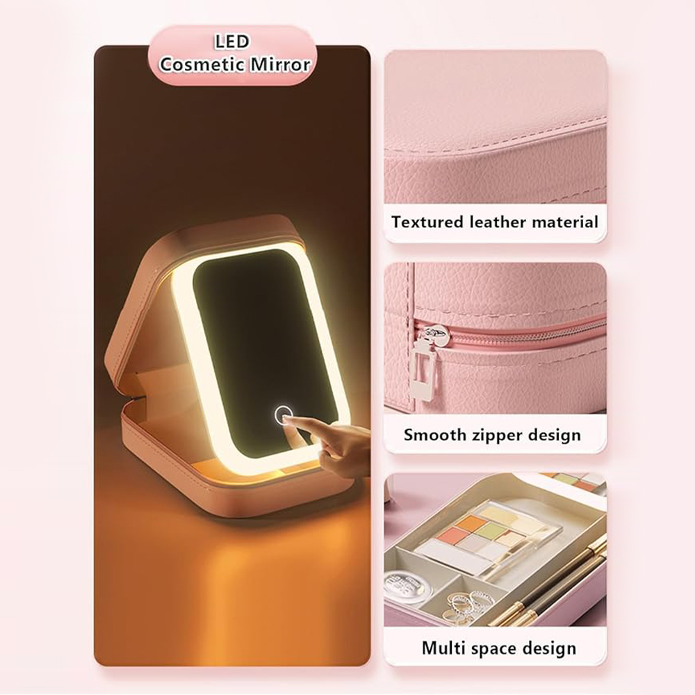 Personalized Birth Flower Leather Travel Jewelry Box with LED Makeup Mirror | JNSBag76