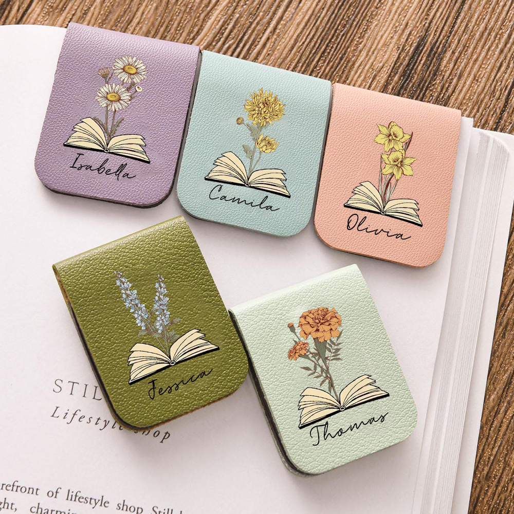 Personalized Leather Birth Flower Magnetic Bookmark | JNSDec120