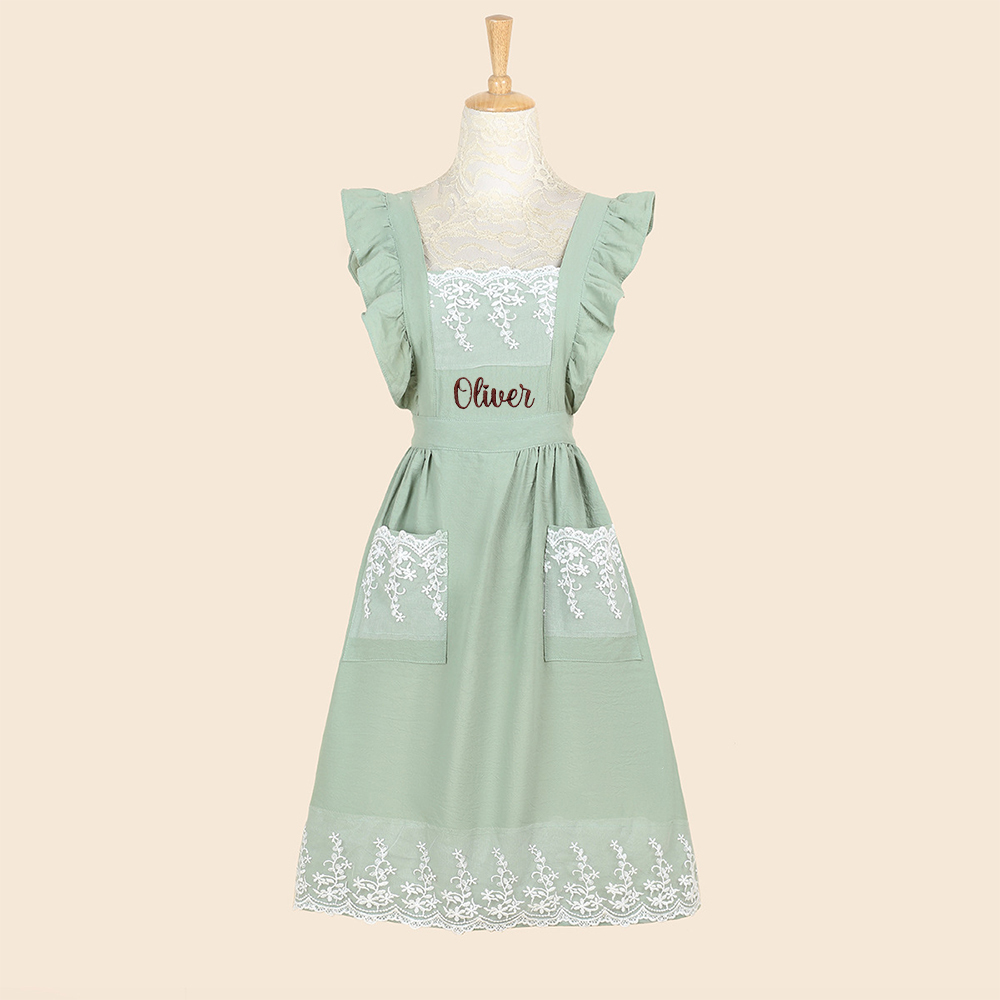 Personalized Name Embroidered Apron with Lace Pockets | JNSCloth43
