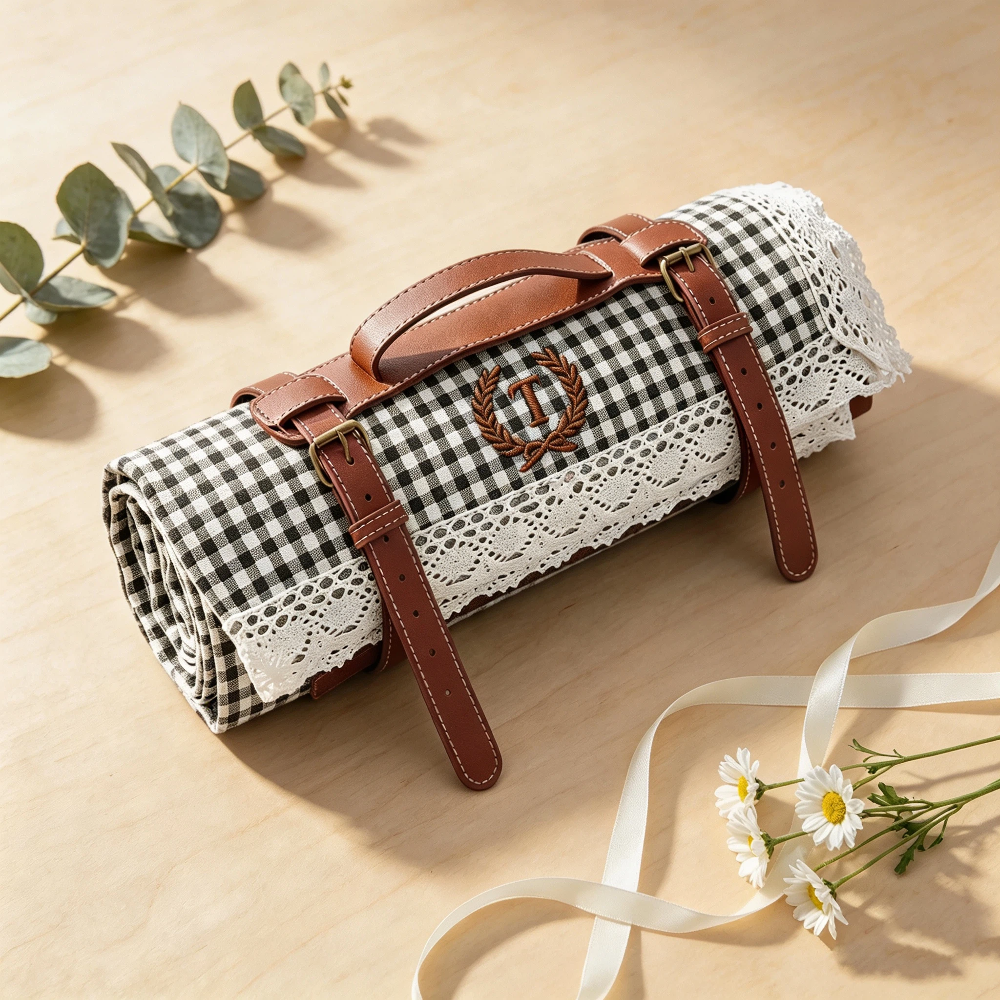 Personalized Name Embroidered Lace Gingham Picnic Blanket for Unique and Love | JNSDec226