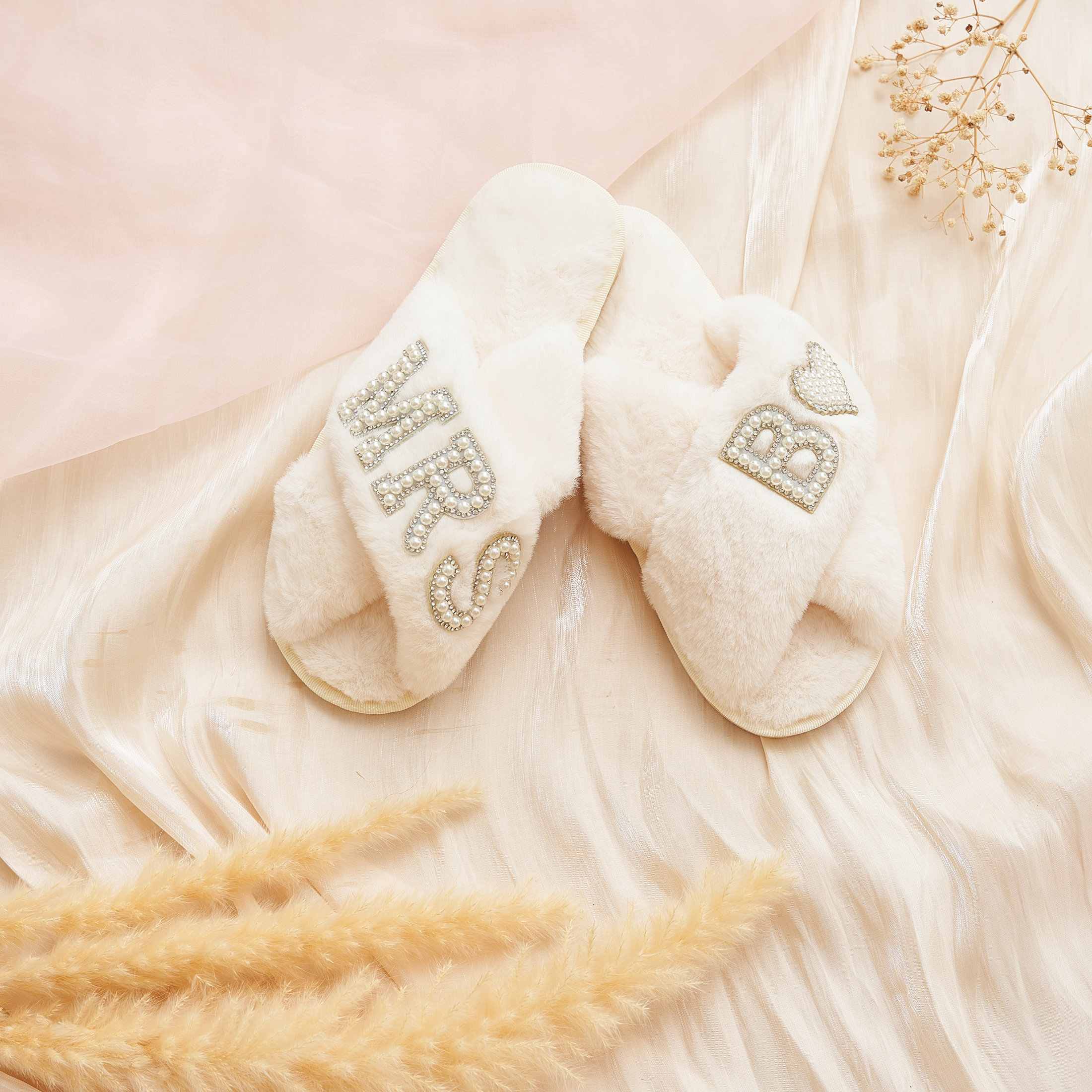 Personalized Bride Gift Pearls Rhinestone Fluffy Slippers for Unique & Love | JNSCloth10