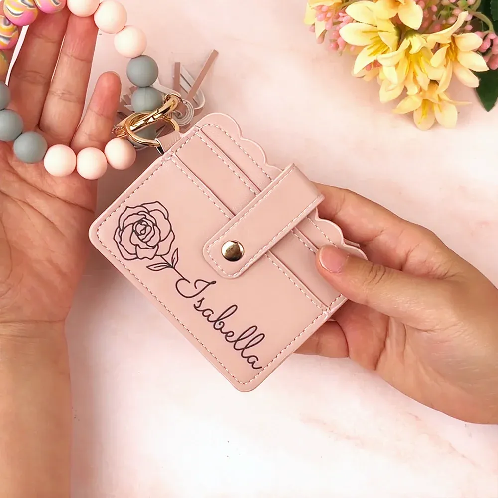 Personalized Birth Flower Keychain Leather Wallet with Beaded Bracelet for Unique & Love | JNSBag89