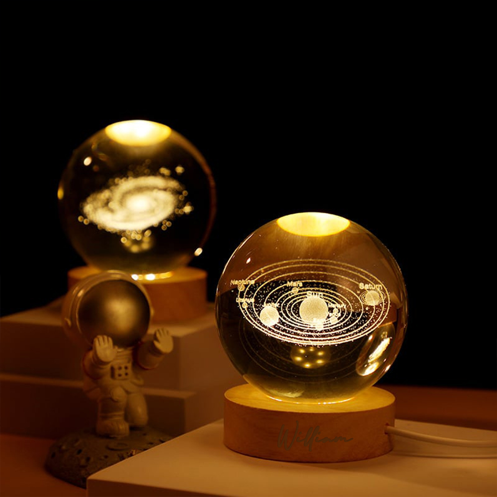 Personalized Engraved 3D Crystal Ball Night Light With Wood Base | JNSDec75