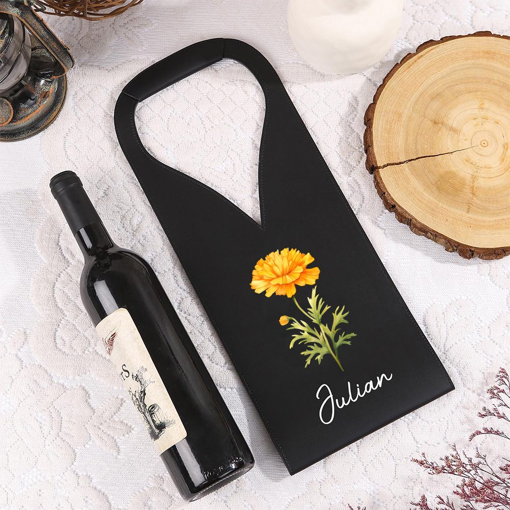 Personalized Leather Birth Flower Wine Tote Bag | JNSBag63