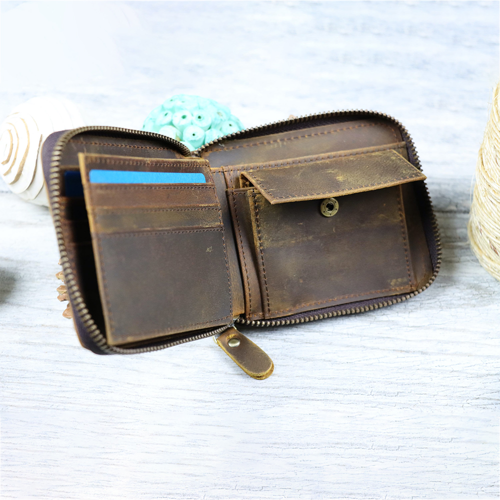 Personalized Monogram Engraving Zipper Genuine Leather Wallet | JNSBag82