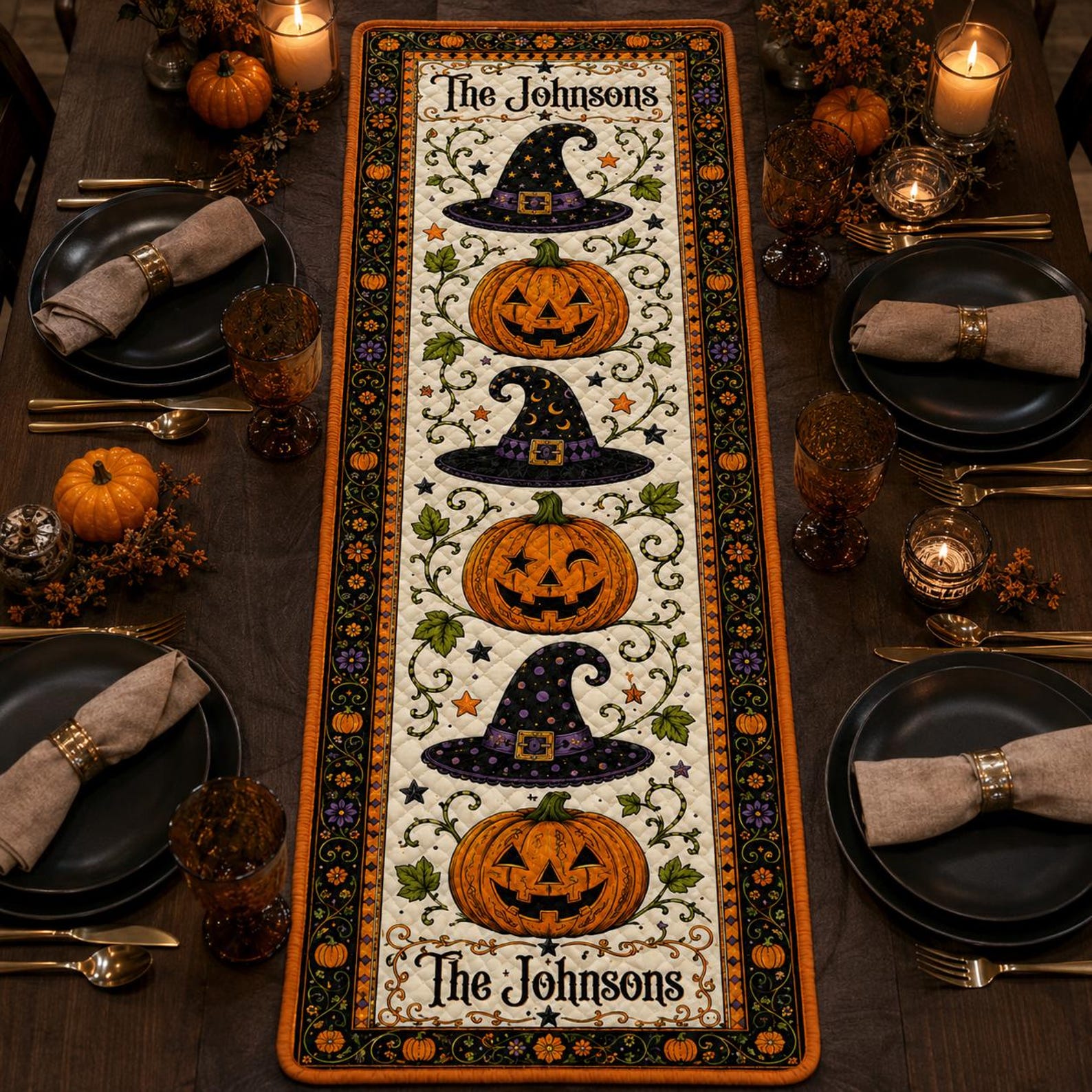 Personalized Family Name Halloween Quilted Table Runner for Unique and Love | JNSDec220