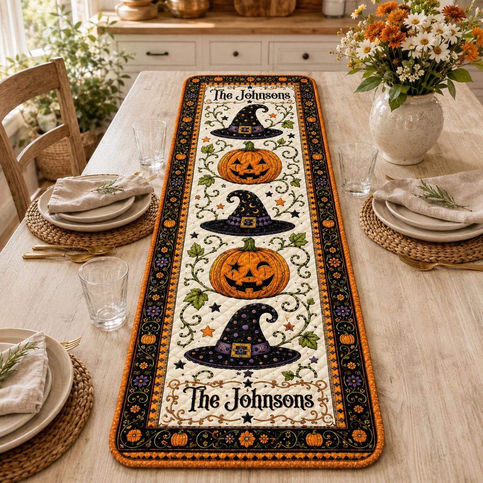 Personalized Family Name Halloween Quilted Table Runner for Unique and Love | JNSDec220