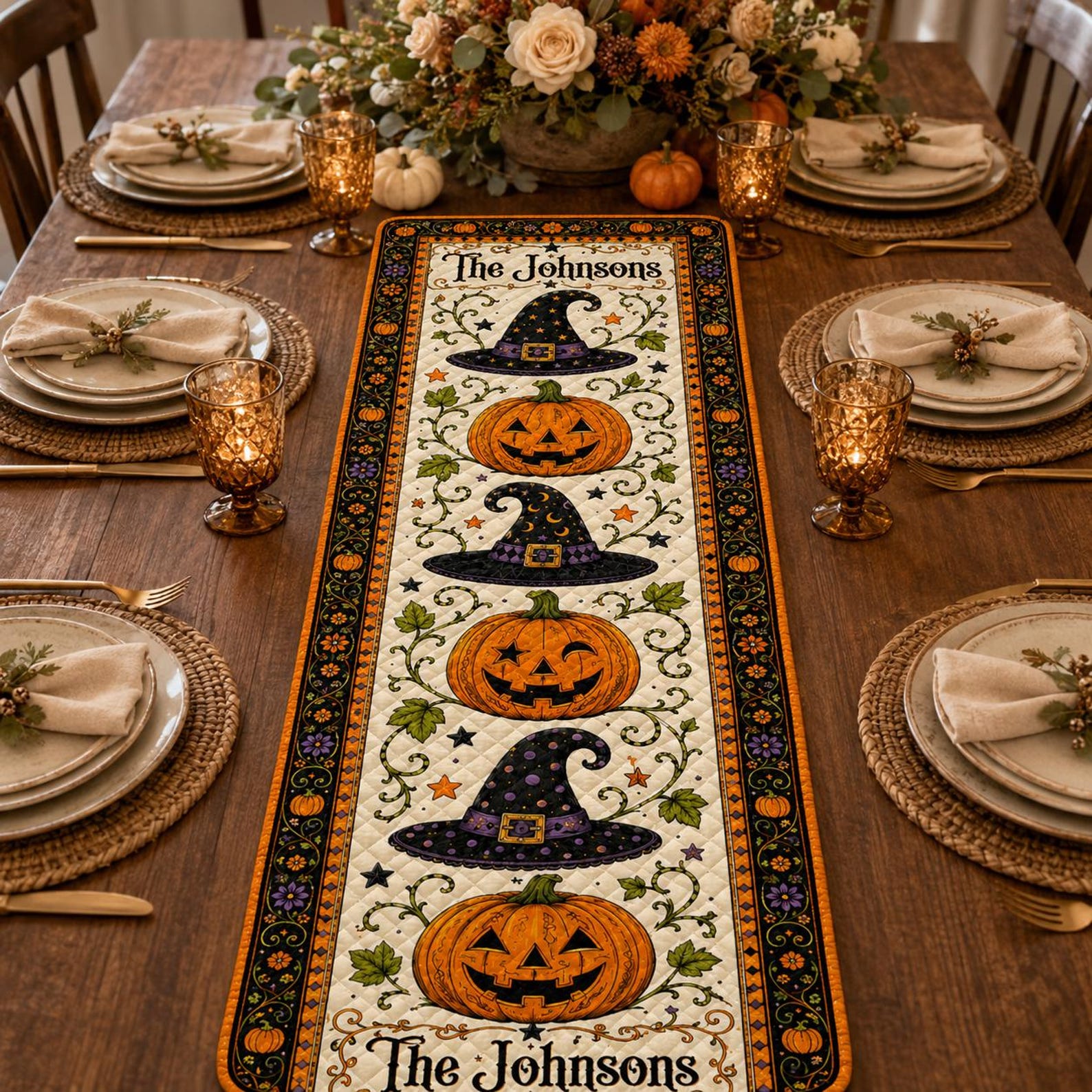 Personalized Family Name Halloween Quilted Table Runner for Unique and Love | JNSDec220