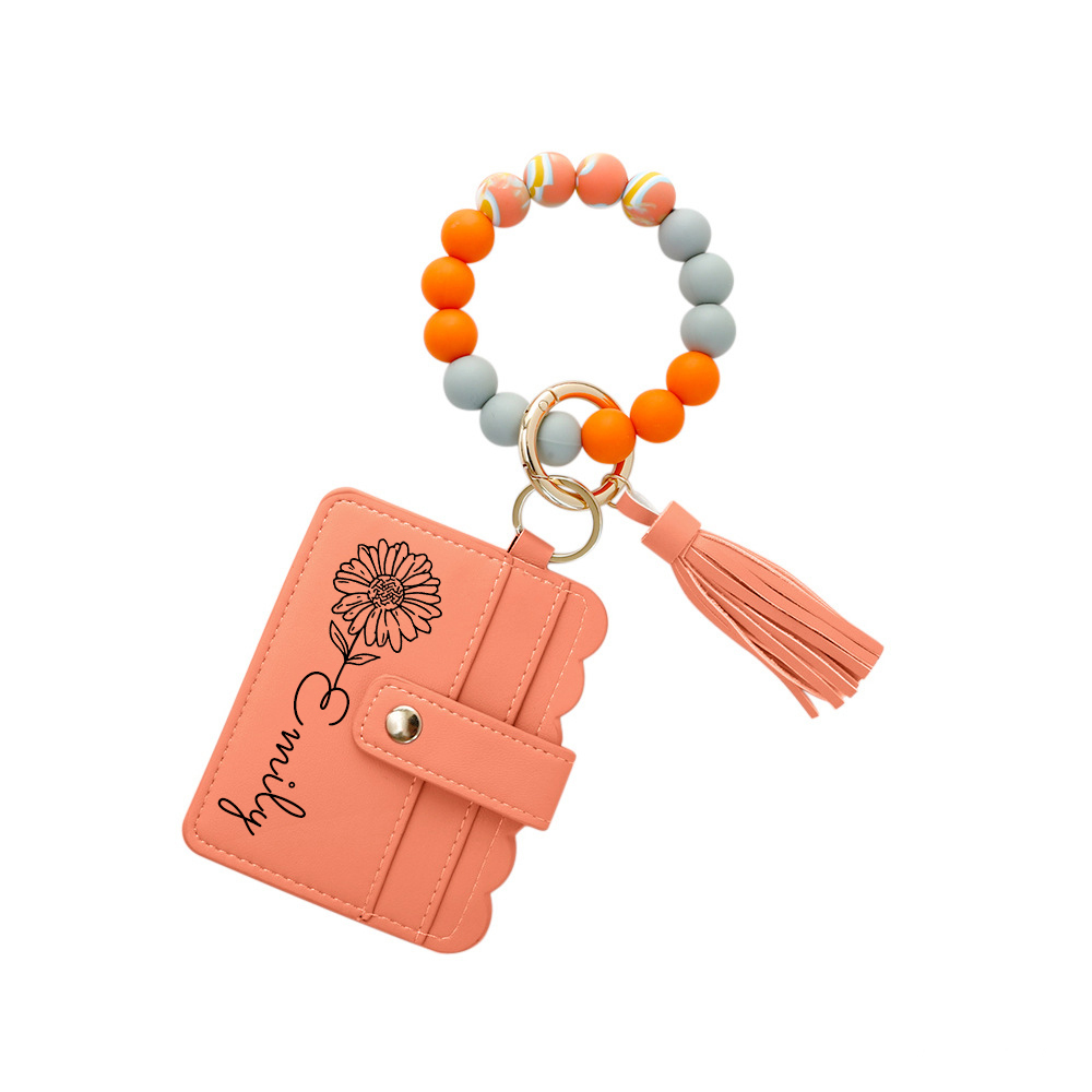 Personalized Birth Flower Keychain Leather Wallet with Beaded Bracelet for Unique & Love | JNSBag89