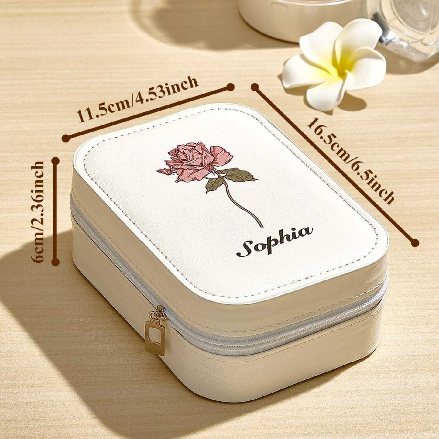 Personalized Birth Flower Leather Travel Jewelry Box with LED Makeup Mirror | JNSBag76