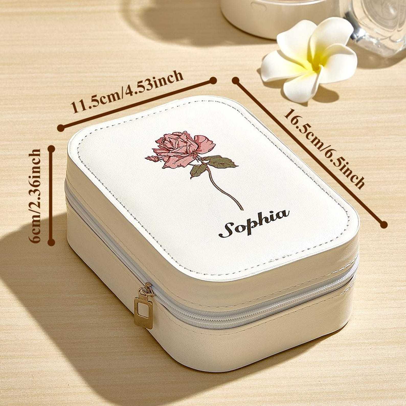 Personalized Birth Flower Leather Travel Jewelry Box with LED Makeup Mirror | JNSBag76
