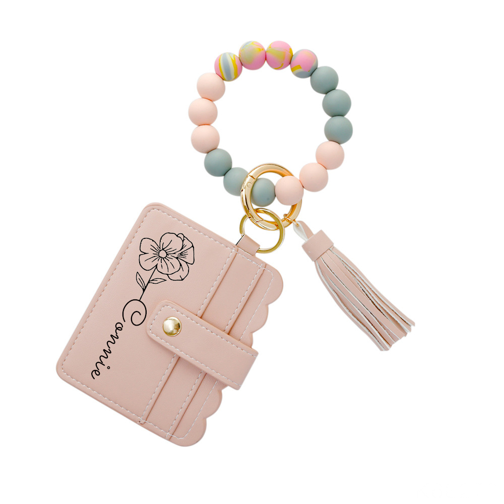 Personalized Birth Flower Keychain Leather Wallet with Beaded Bracelet for Unique & Love | JNSBag89