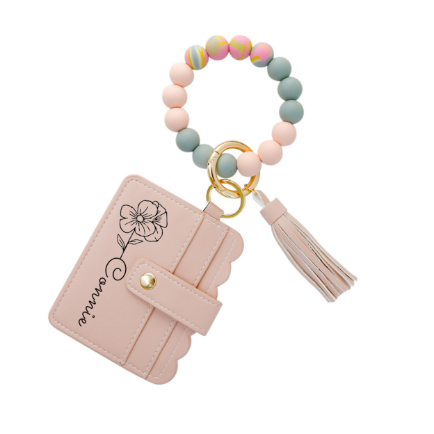Personalized Birth Flower Keychain Leather Wallet with Beaded Bracelet for Unique & Love | JNSBag89